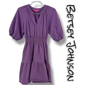 Betsey Johnson Purple Smocked Waist Puff Sleeve Cotton Mini Dress Womens Size S